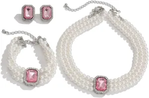 ZMANYIJEW Pearl Earrings Necklace Bracelet Set for Women Wedding Rhinestone Crystal Pearl Jewelry Set Bride Bridesmaid Dainty Jewelry for Women