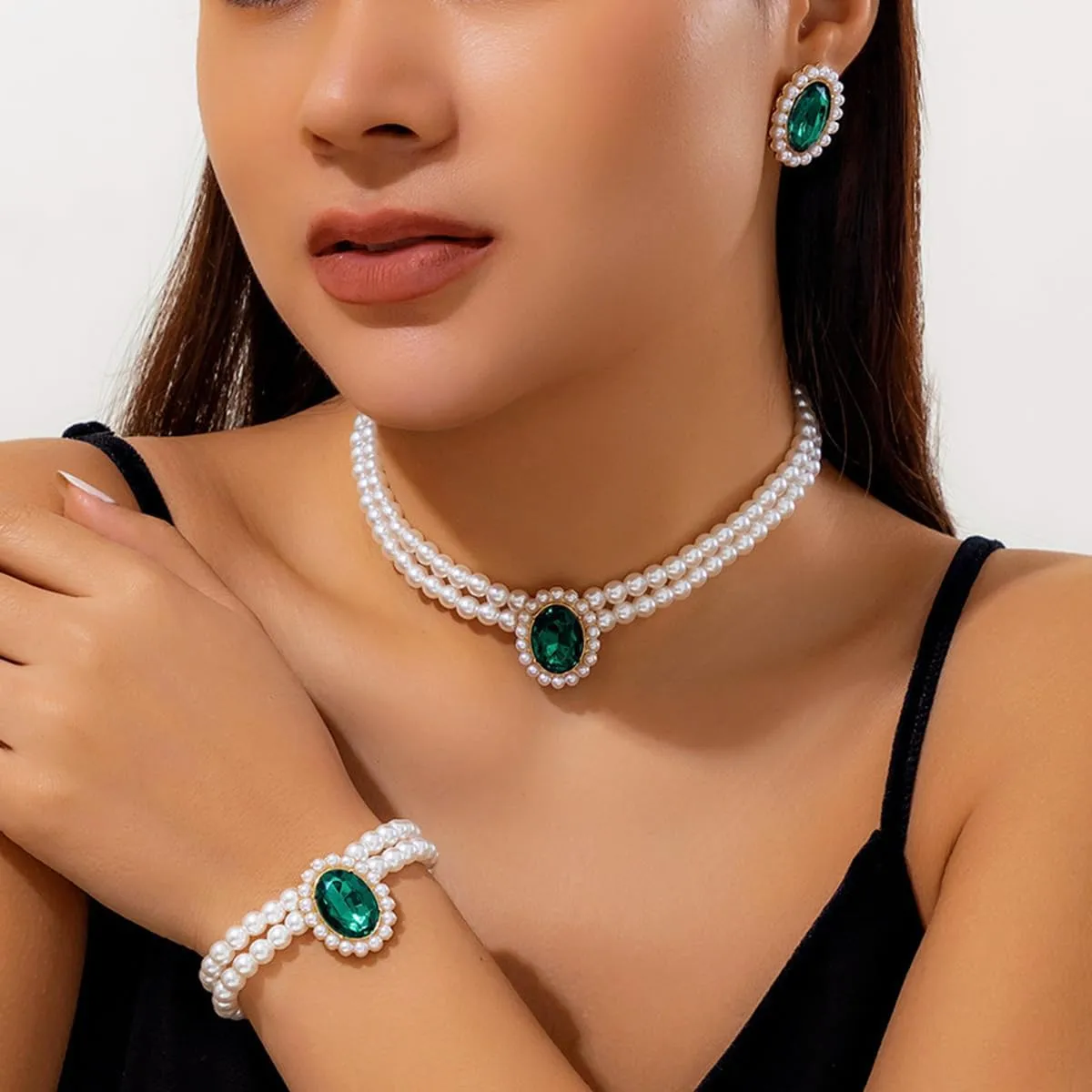 ZMANYIJEW Pearl Earrings Necklace Bracelet Set for Women Wedding Rhinestone Crystal Pearl Jewelry Set Bride Bridesmaid Dainty Jewelry for Women