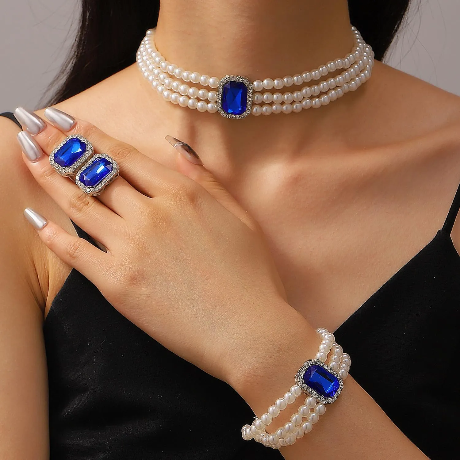 ZMANYIJEW Pearl Earrings Necklace Bracelet Set for Women Wedding Rhinestone Crystal Pearl Jewelry Set Bride Bridesmaid Dainty Jewelry for Women