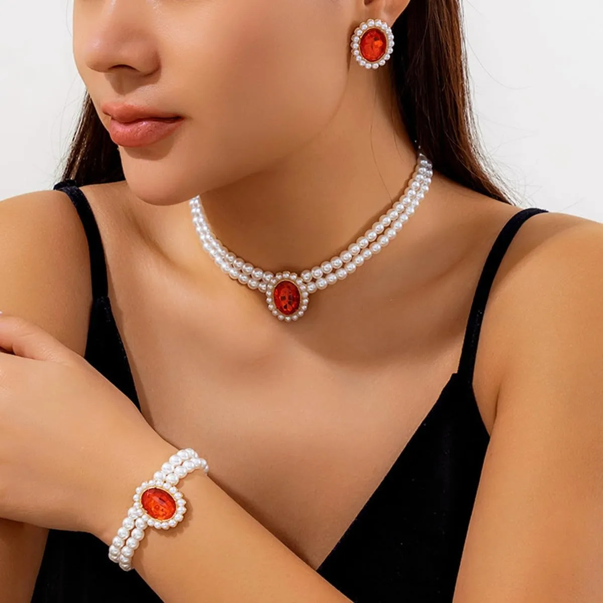 ZMANYIJEW Pearl Earrings Necklace Bracelet Set for Women Wedding Rhinestone Crystal Pearl Jewelry Set Bride Bridesmaid Dainty Jewelry for Women