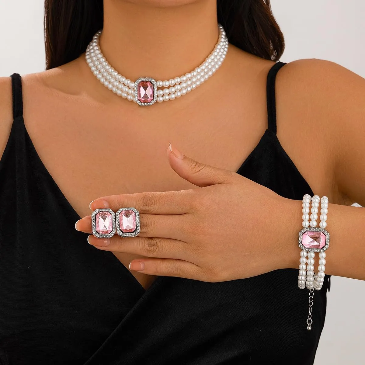 ZMANYIJEW Pearl Earrings Necklace Bracelet Set for Women Wedding Rhinestone Crystal Pearl Jewelry Set Bride Bridesmaid Dainty Jewelry for Women