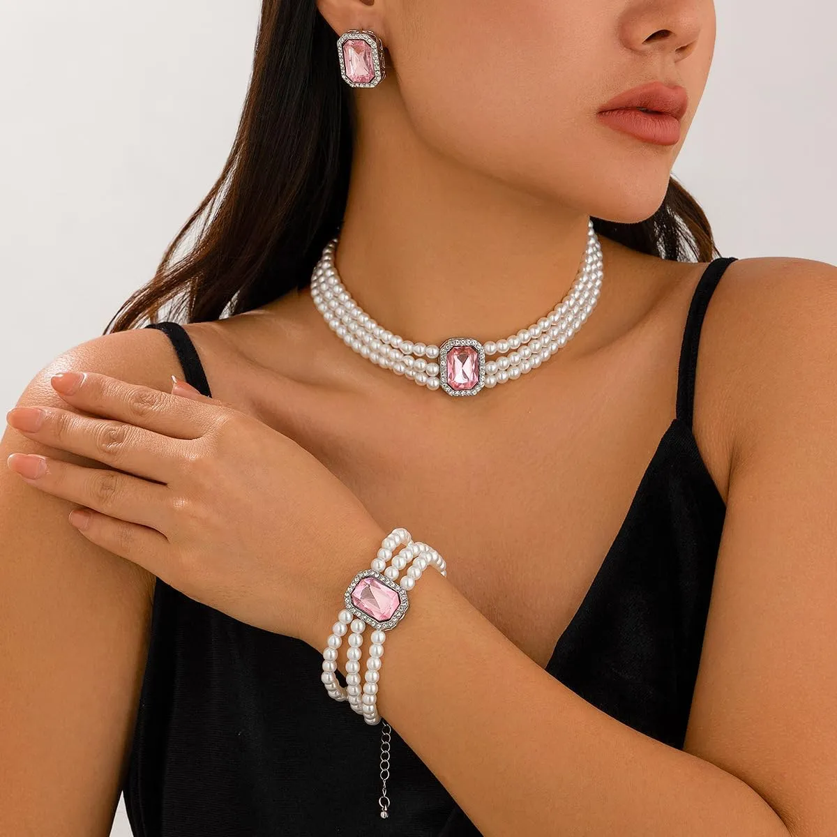 ZMANYIJEW Pearl Earrings Necklace Bracelet Set for Women Wedding Rhinestone Crystal Pearl Jewelry Set Bride Bridesmaid Dainty Jewelry for Women