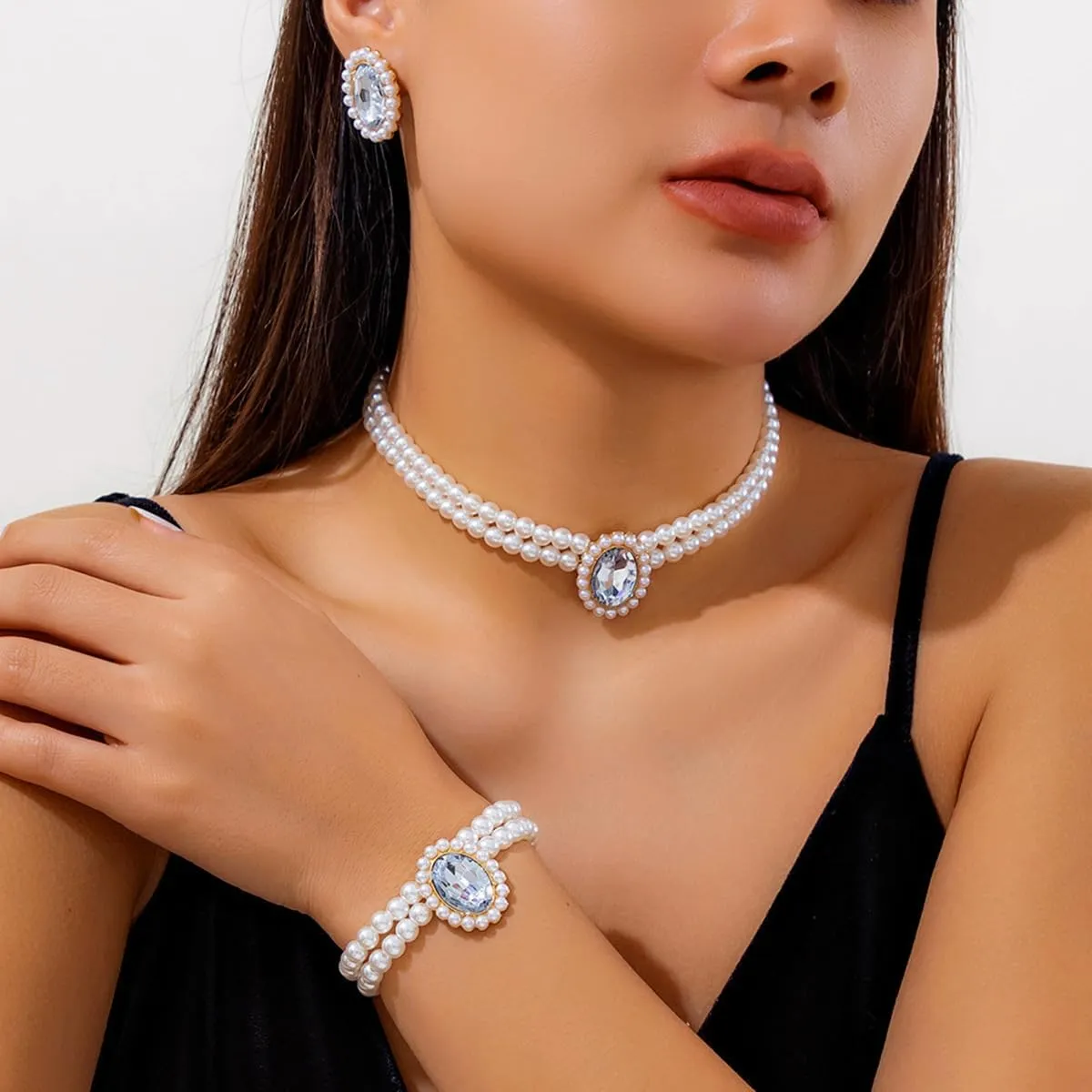 ZMANYIJEW Pearl Earrings Necklace Bracelet Set for Women Wedding Rhinestone Crystal Pearl Jewelry Set Bride Bridesmaid Dainty Jewelry for Women