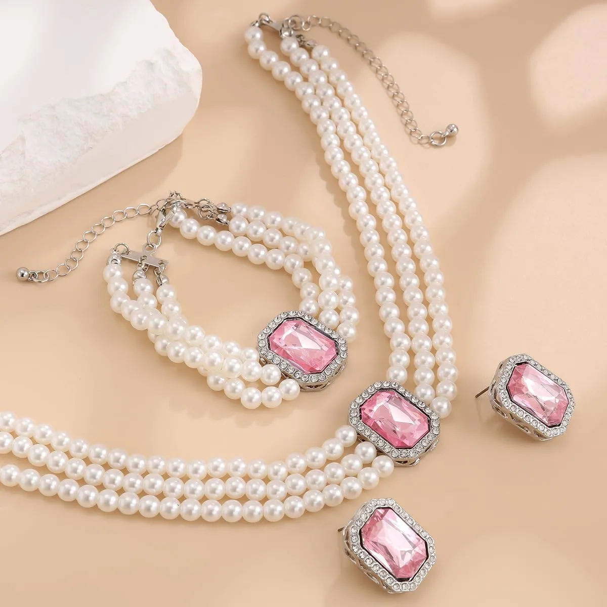 ZMANYIJEW Pearl Earrings Necklace Bracelet Set for Women Wedding Rhinestone Crystal Pearl Jewelry Set Bride Bridesmaid Dainty Jewelry for Women