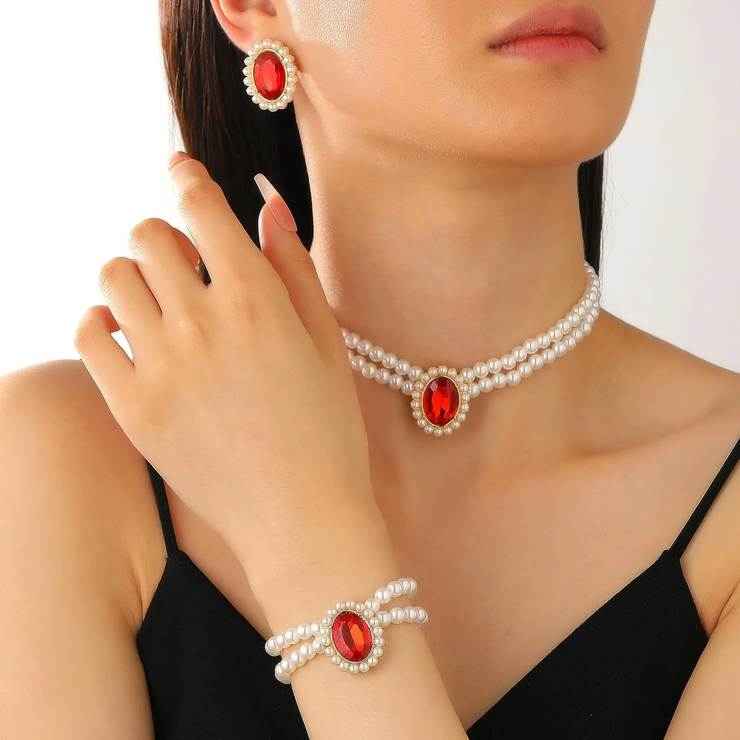 ZMANYIJEW Pearl Earrings Necklace Bracelet Set for Women Wedding Rhinestone Crystal Pearl Jewelry Set Bride Bridesmaid Dainty Jewelry for Women
