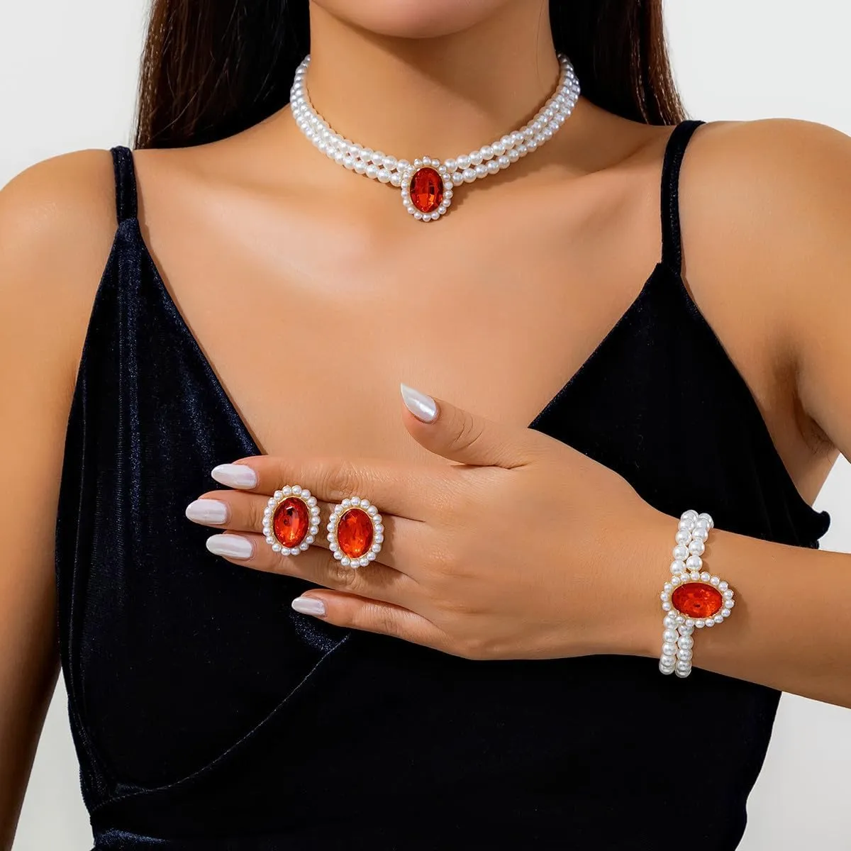 ZMANYIJEW Pearl Earrings Necklace Bracelet Set for Women Wedding Rhinestone Crystal Pearl Jewelry Set Bride Bridesmaid Dainty Jewelry for Women