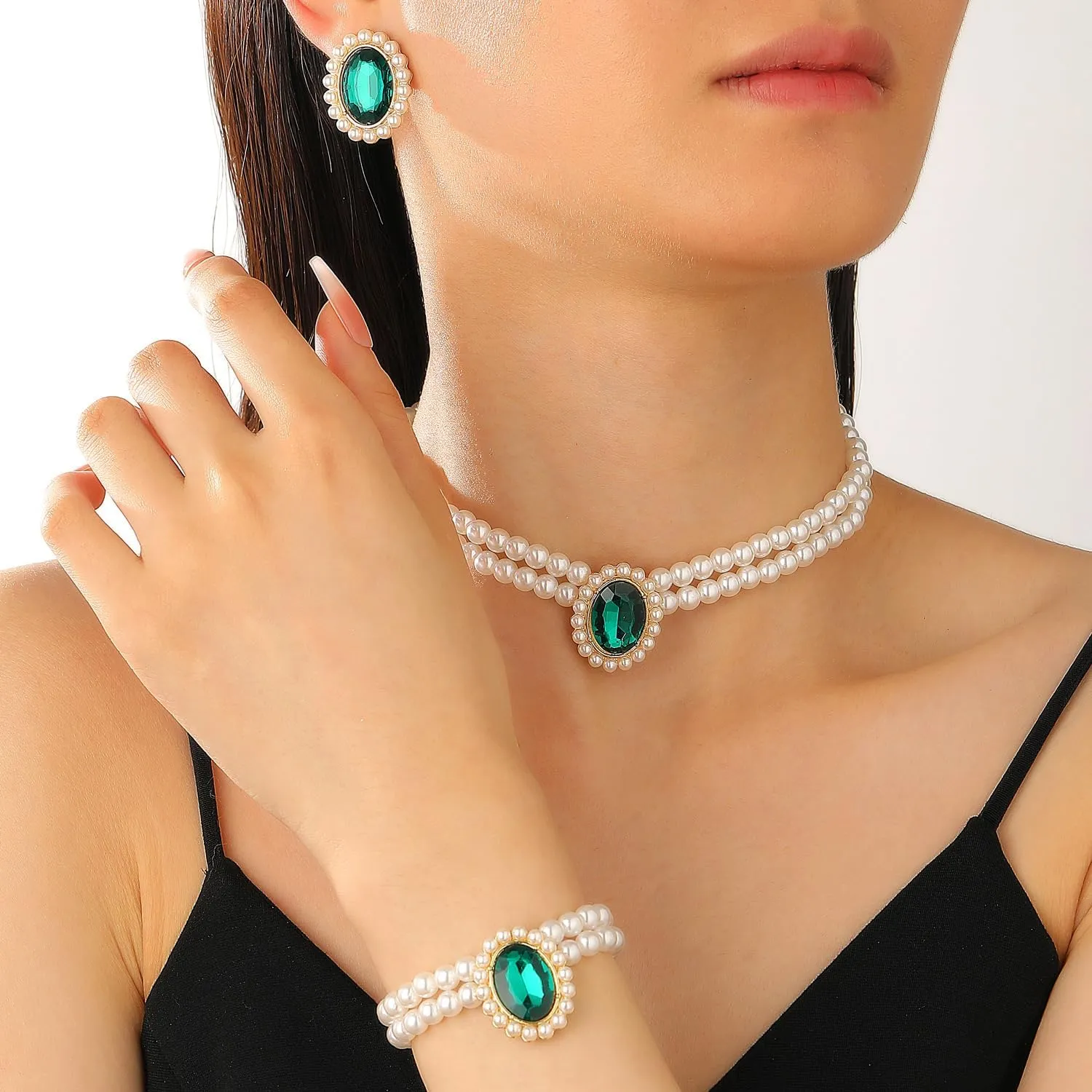 ZMANYIJEW Pearl Earrings Necklace Bracelet Set for Women Wedding Rhinestone Crystal Pearl Jewelry Set Bride Bridesmaid Dainty Jewelry for Women