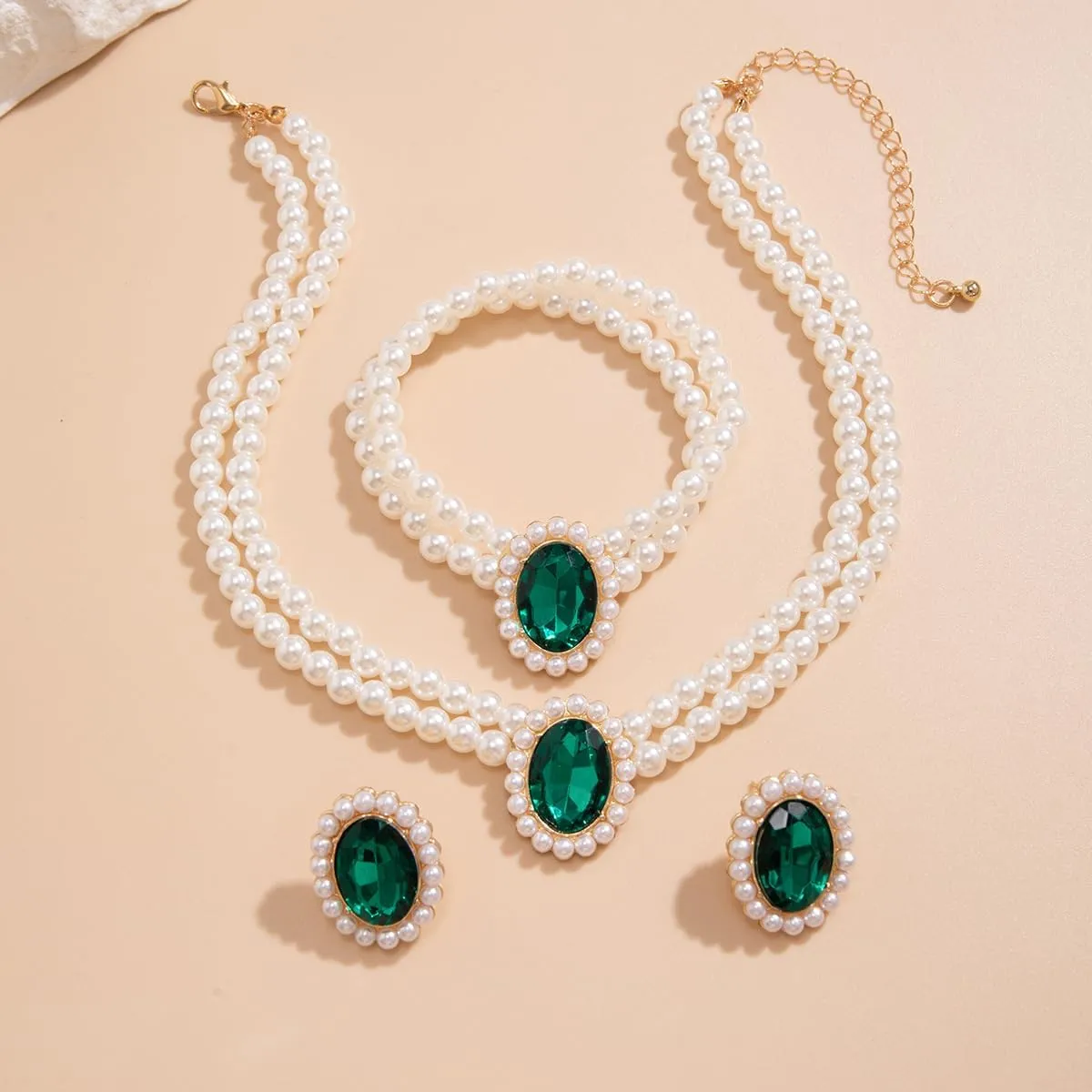 ZMANYIJEW Pearl Earrings Necklace Bracelet Set for Women Wedding Rhinestone Crystal Pearl Jewelry Set Bride Bridesmaid Dainty Jewelry for Women