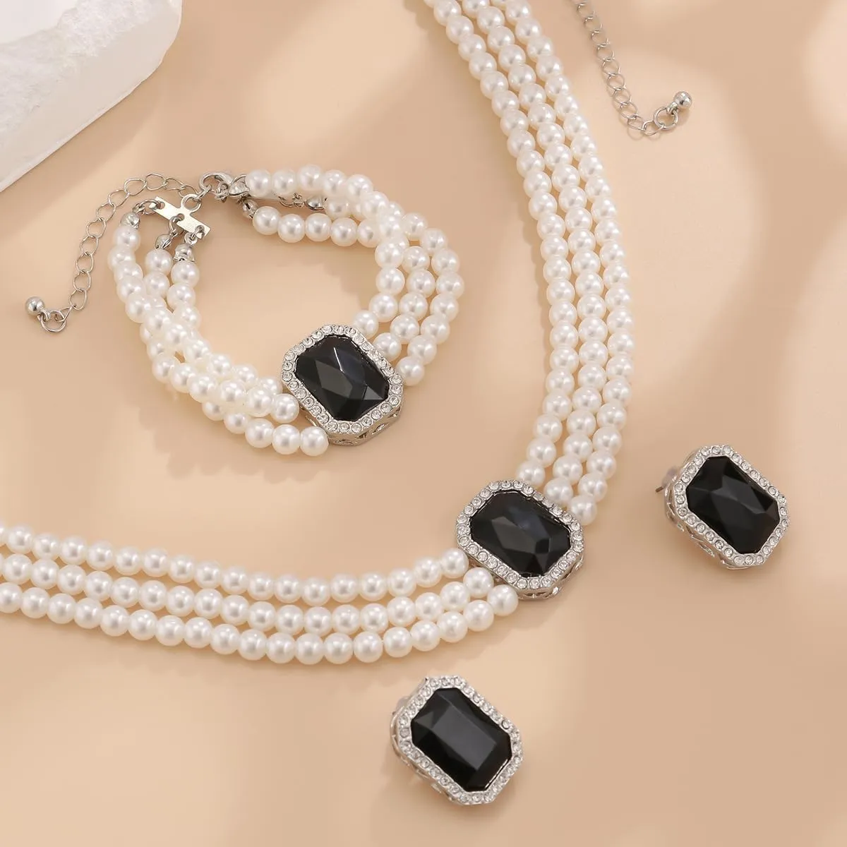 ZMANYIJEW Pearl Earrings Necklace Bracelet Set for Women Wedding Rhinestone Crystal Pearl Jewelry Set Bride Bridesmaid Dainty Jewelry for Women
