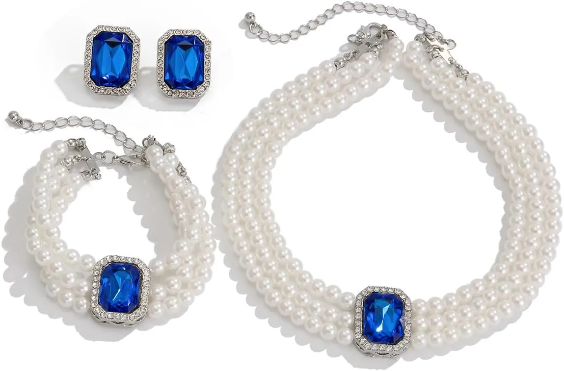 ZMANYIJEW Pearl Earrings Necklace Bracelet Set for Women Wedding Rhinestone Crystal Pearl Jewelry Set Bride Bridesmaid Dainty Jewelry for Women