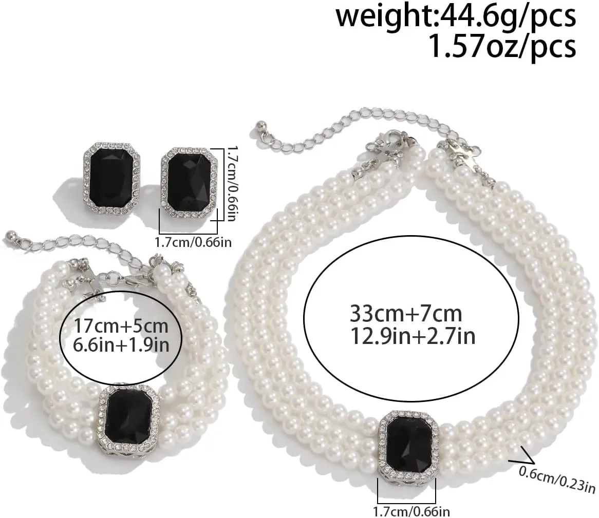 ZMANYIJEW Pearl Earrings Necklace Bracelet Set for Women Wedding Rhinestone Crystal Pearl Jewelry Set Bride Bridesmaid Dainty Jewelry for Women