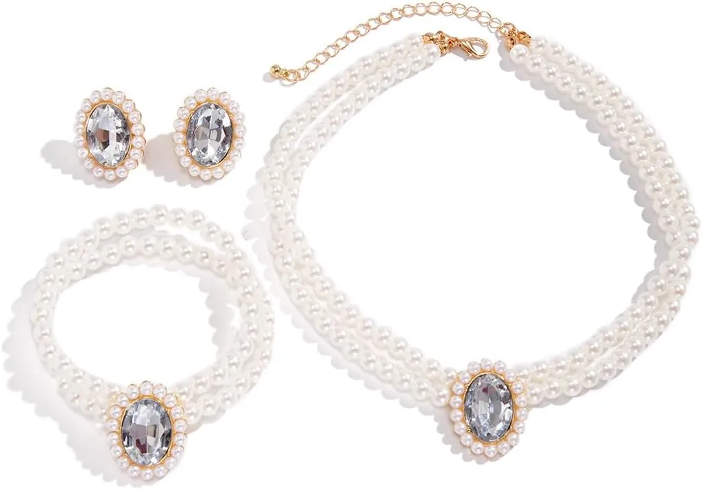 ZMANYIJEW Pearl Earrings Necklace Bracelet Set for Women Wedding Rhinestone Crystal Pearl Jewelry Set Bride Bridesmaid Dainty Jewelry for Women