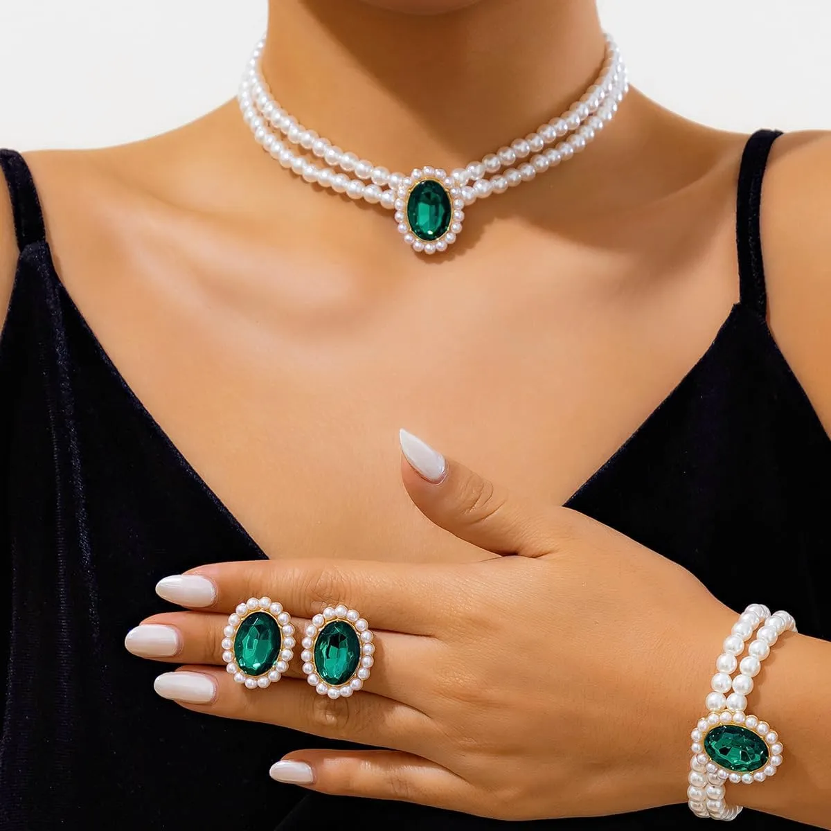 ZMANYIJEW Pearl Earrings Necklace Bracelet Set for Women Wedding Rhinestone Crystal Pearl Jewelry Set Bride Bridesmaid Dainty Jewelry for Women