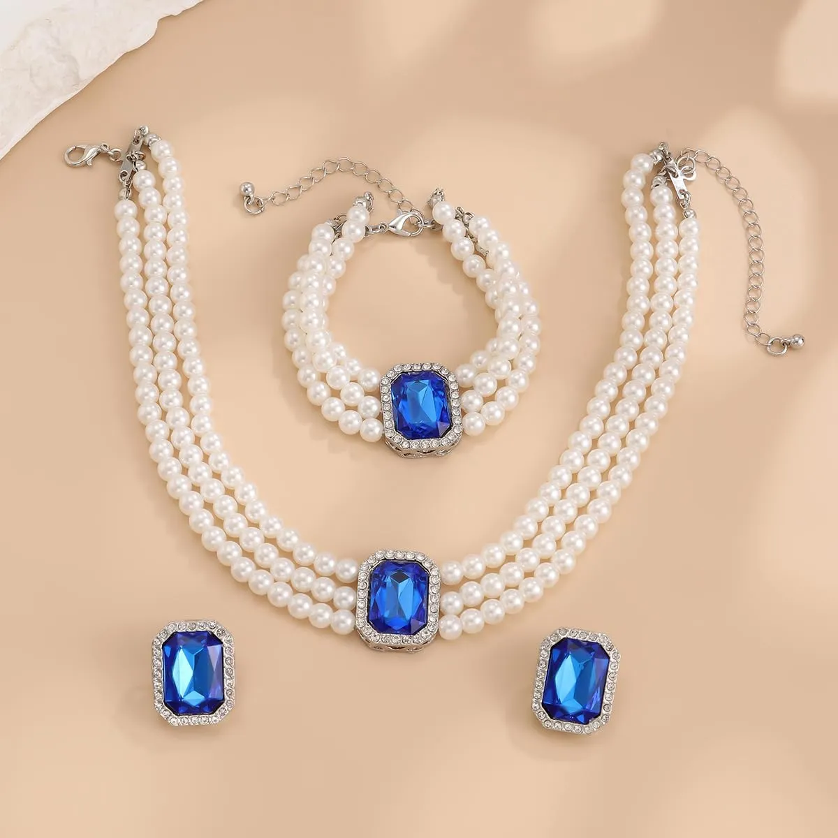 ZMANYIJEW Pearl Earrings Necklace Bracelet Set for Women Wedding Rhinestone Crystal Pearl Jewelry Set Bride Bridesmaid Dainty Jewelry for Women