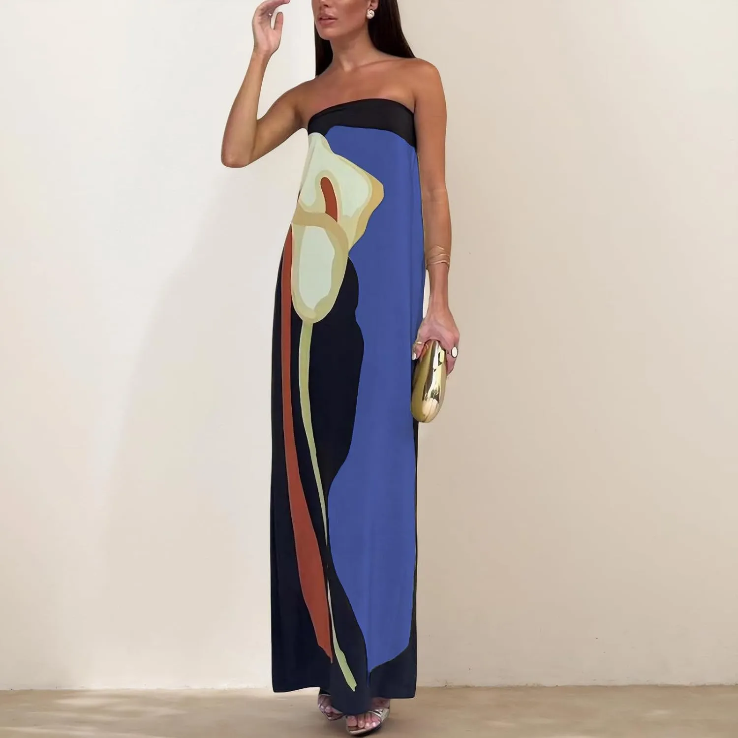 Zwirelz Women Strapless Maxi Dress Boho Floral Print Flowy Long Tube Dress Off Shoulder Loose Beach Sundress Long Tube Dress
