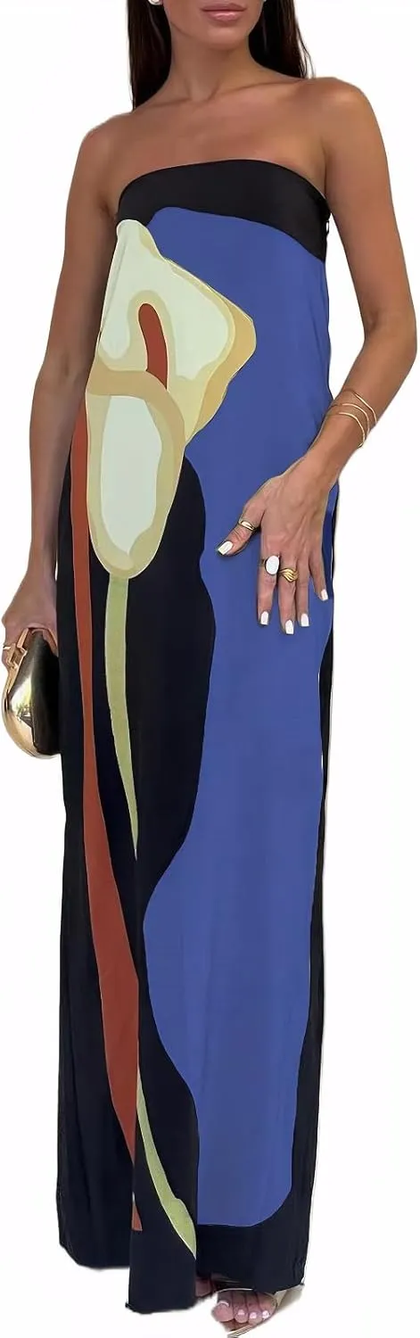 Zwirelz Women Strapless Maxi Dress Boho Floral Print Flowy Long Tube Dress Off Shoulder Loose Beach Sundress Long Tube Dress
