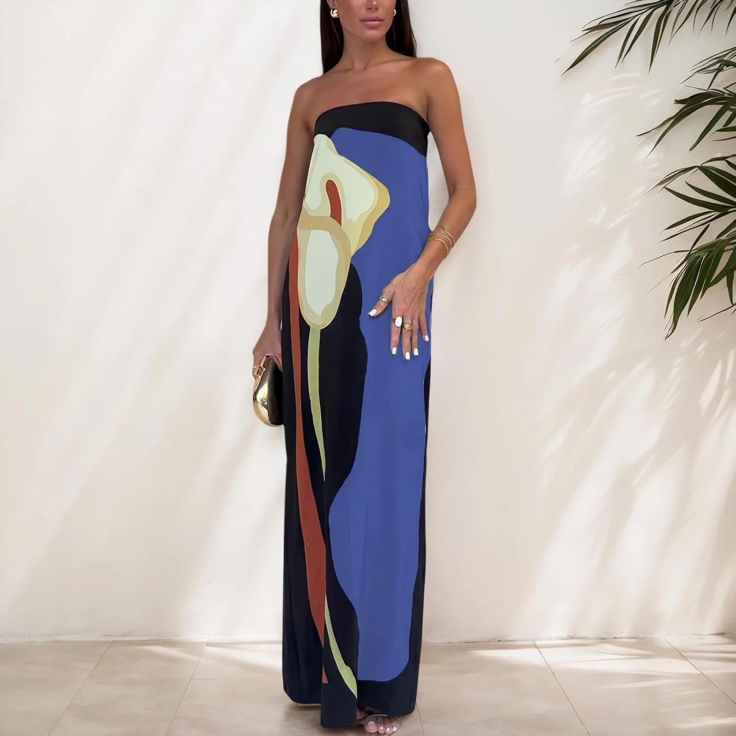 Zwirelz Women Strapless Maxi Dress Boho Floral Print Flowy Long Tube Dress Off Shoulder Loose Beach Sundress Long Tube Dress